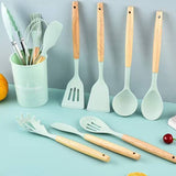 Kitchen Utensil Set 12 PCS Silicone Cooking Tools With Wooden Handle, Cooking Utensils Set Heat Resistant & Non-Scratch For Nonstick Pans, Utensil Set Includes Spatula, Spoon & Tongs, Kitchen Accessor