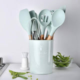 Kitchen Utensil Set 12 PCS Silicone Cooking Tools With Wooden Handle, Cooking Utensils Set Heat Resistant & Non-Scratch For Nonstick Pans, Utensil Set Includes Spatula, Spoon & Tongs, Kitchen Accessor