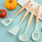 Kitchen Utensil Set 12 PCS Silicone Cooking Tools With Wooden Handle, Cooking Utensils Set Heat Resistant & Non-Scratch For Nonstick Pans, Utensil Set Includes Spatula, Spoon & Tongs, Kitchen Accessor
